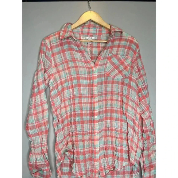 Lauren Conrad long sleeve crinkle flannel plaid button down shirt size Small - Picture 2 of 6